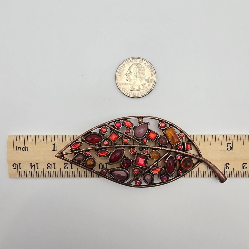 Vtg Leaf Brooch Pin Red Orange Copper Tone Rhinestone Autumn Fall Statement - Picture 5 of 15